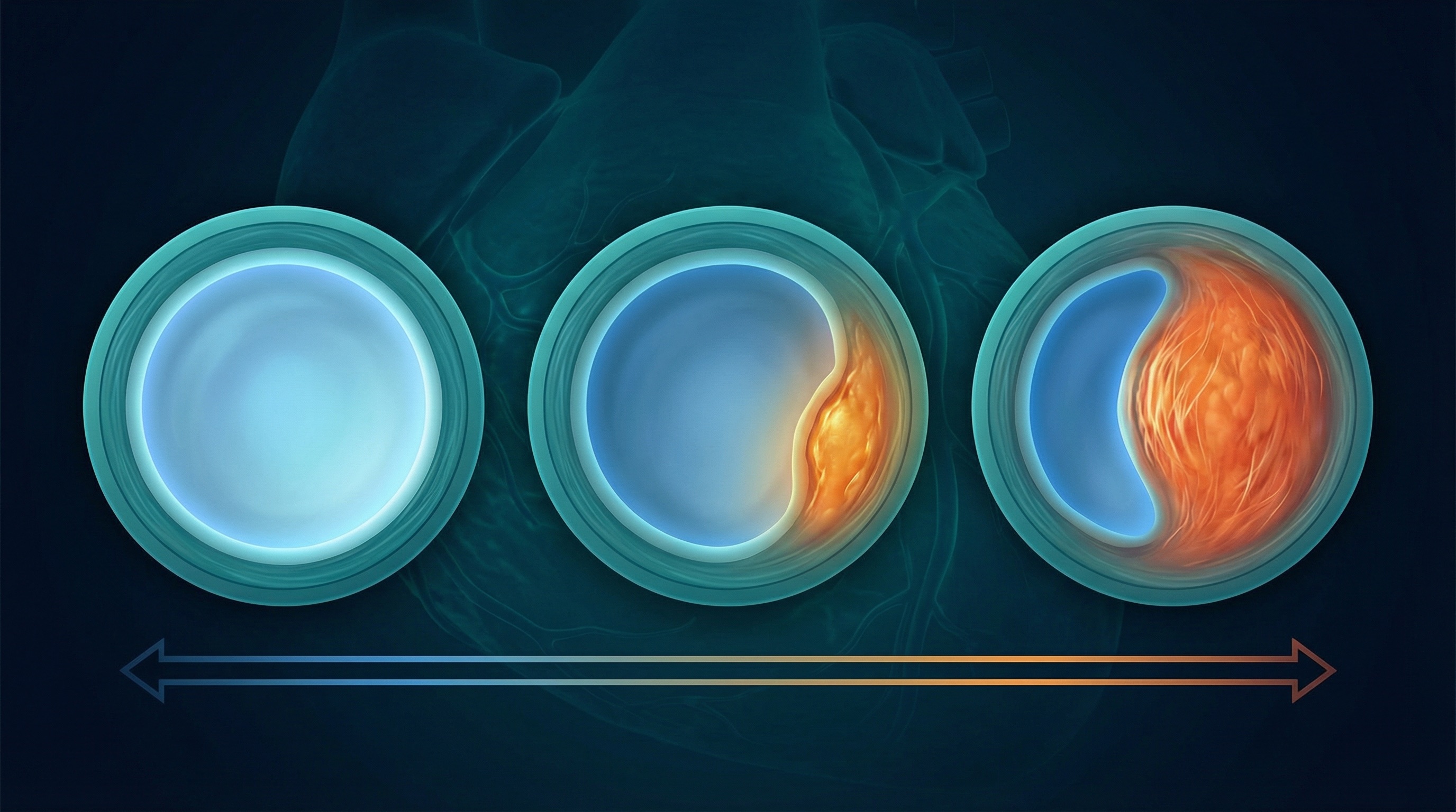 Three-stage illustration of coronary artery disease progression: healthy artery, early plaque buildup, and significant narrowing from radiation-induced fibrotic plaque